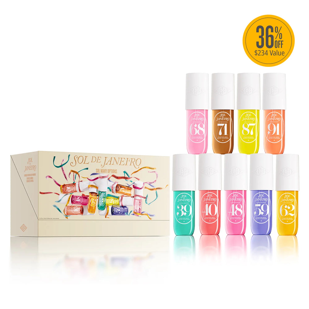 A boxed set of colorful nail polish bottles labeled 'SOL DE JANEIRO' on a clean white background, with a yellow '36% OFF $234 Value' badge in the top right. The set includes a cream-colored box and ten bottles in assorted bright shades including pink, brown, yellow, orange, teal, red, purple, and yellow.