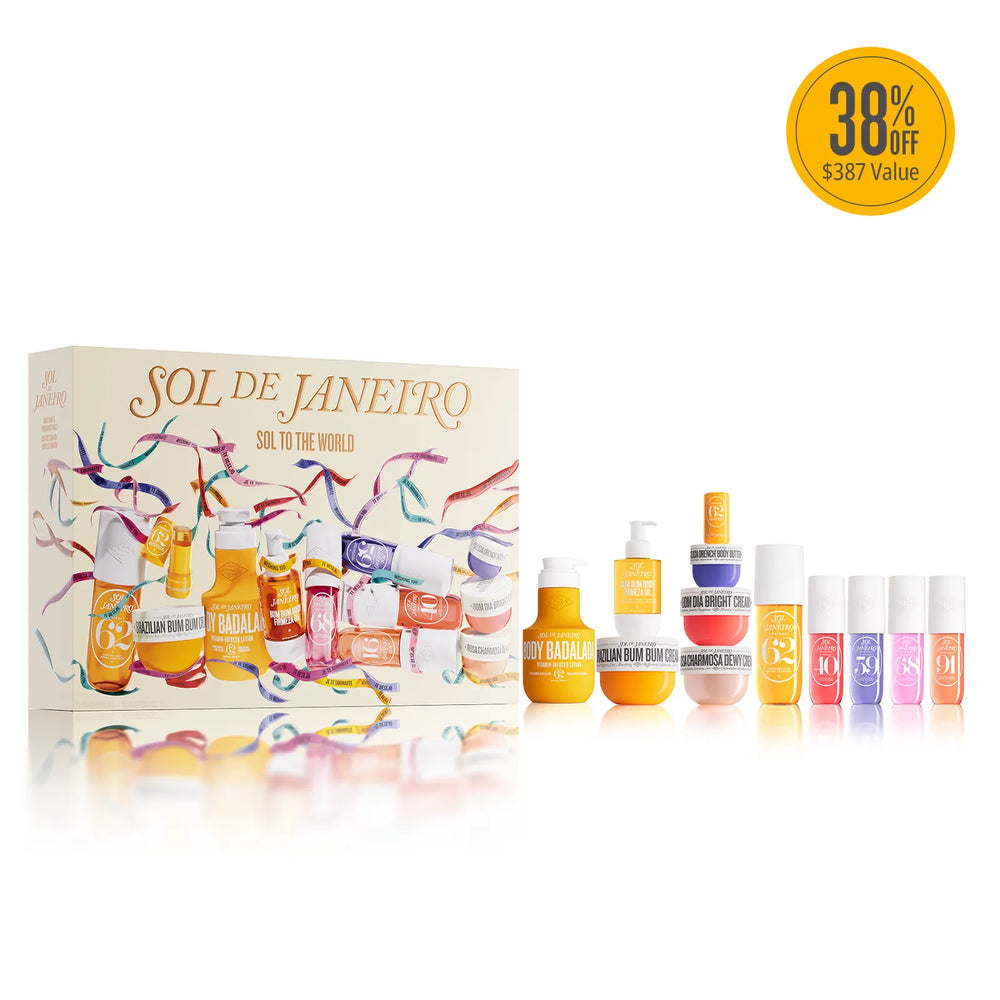 A beauty gift set labeled 'SOL DE JANEIRO' with a cream-colored illustrated box and multiple small cosmetic bottles in orange, yellow, white, pink, and purple arranged in front on a white background. A yellow circular '38% OFF $387 Value' badge appears in the top right.