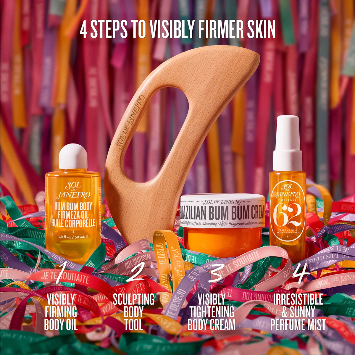 A promotional product arrangement for No. 1 January body care products, featuring a wooden body tool, an orange body oil bottle, a cream jar, and a perfume mist bottle, surrounded by colorful branded ribbons and step-number overlays reading '1 Visibly Firming Body Oil,' '2 Sculpting Body Tool,' '3 Visibly Tightening Body Cream,' and '4 Irresistible & Sunny Perfume Mist.