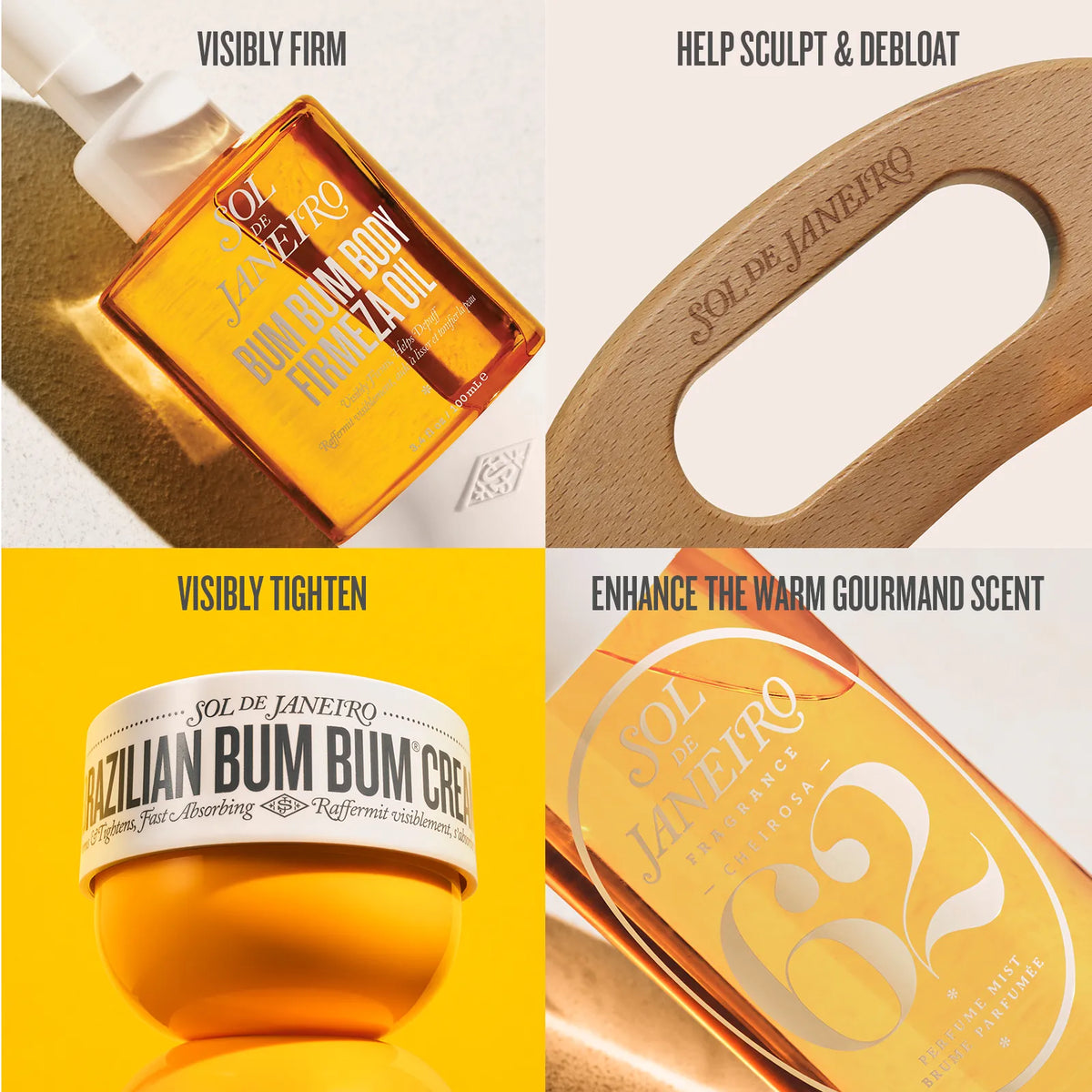 Four-panel promotional collage for Sol de Janeiro body care products, showing the Doublo Bum Body Fat Lipa Oil bottle, a wooden scrubber tool engraved with the brand name, a jar of Brazilian Bum Bum Cream on a bright yellow background, and a close-up of the brand logo on the packaging.