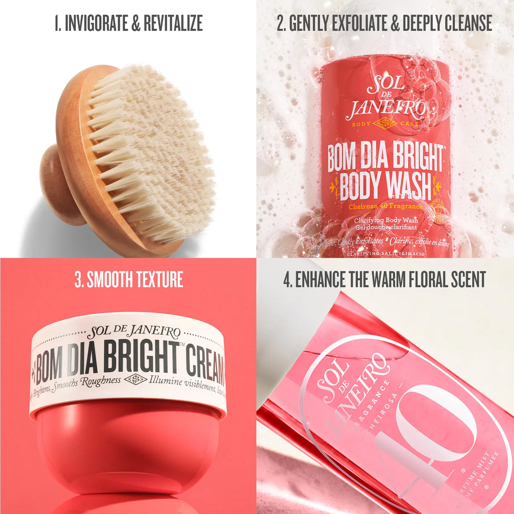 A four-panel promotional collage for Sol de Janeiro body care. Top-left shows a wooden scrub brush with cream bristles under the text 'INVIGORATE & REVITALIZE.