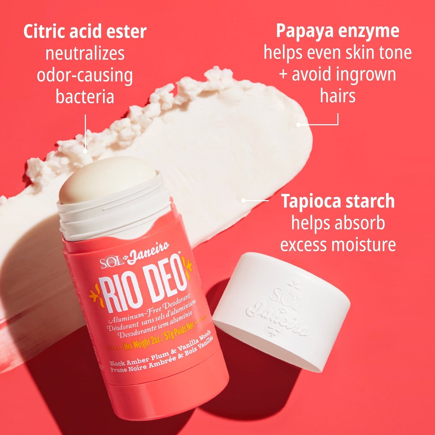 Citric acid ester neutralizes odor causing bacteria, papaya enzyme helps even skin tone + avoid ingrown hairs, tapioca starch helps absorb excess moisture