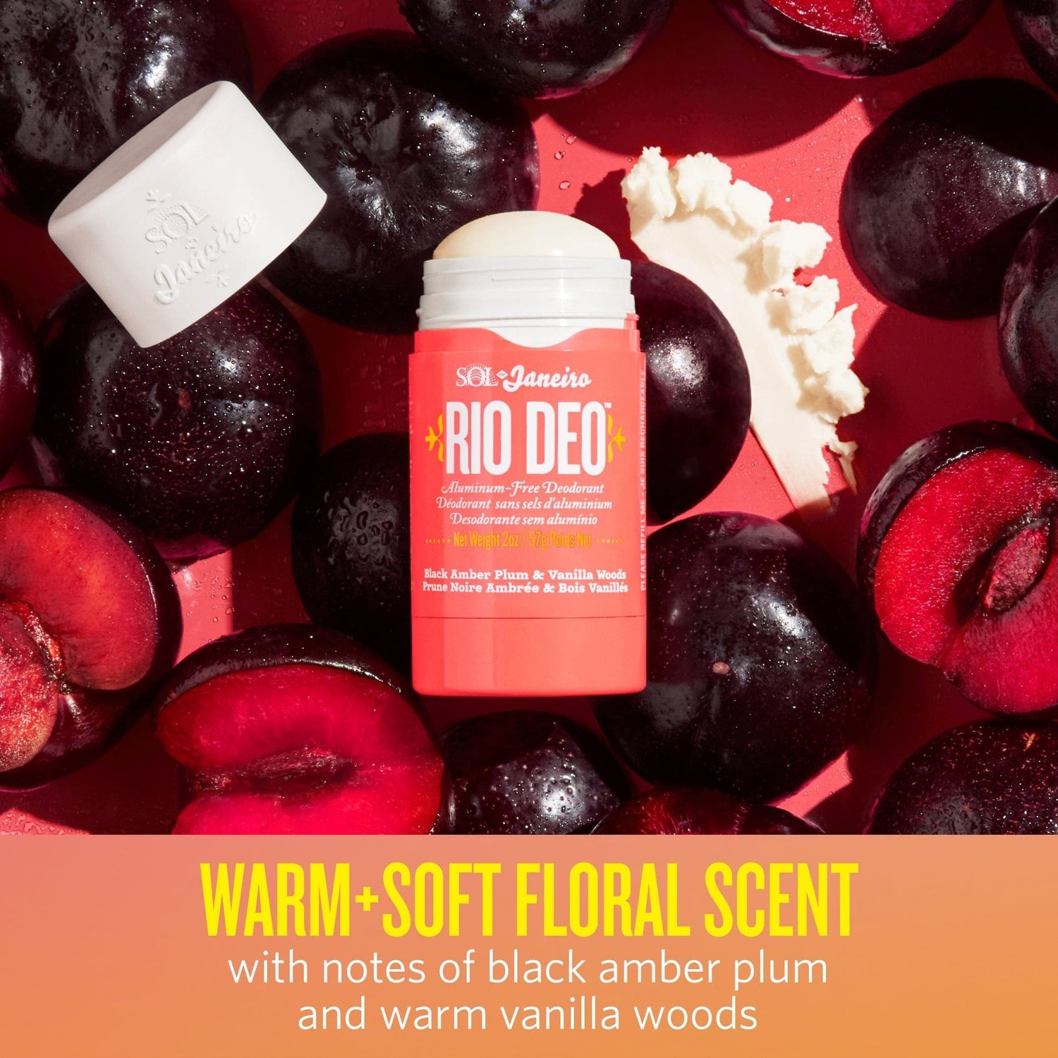 Warm + soft floral scent, with notes of black amber plum and warm vanilla woods