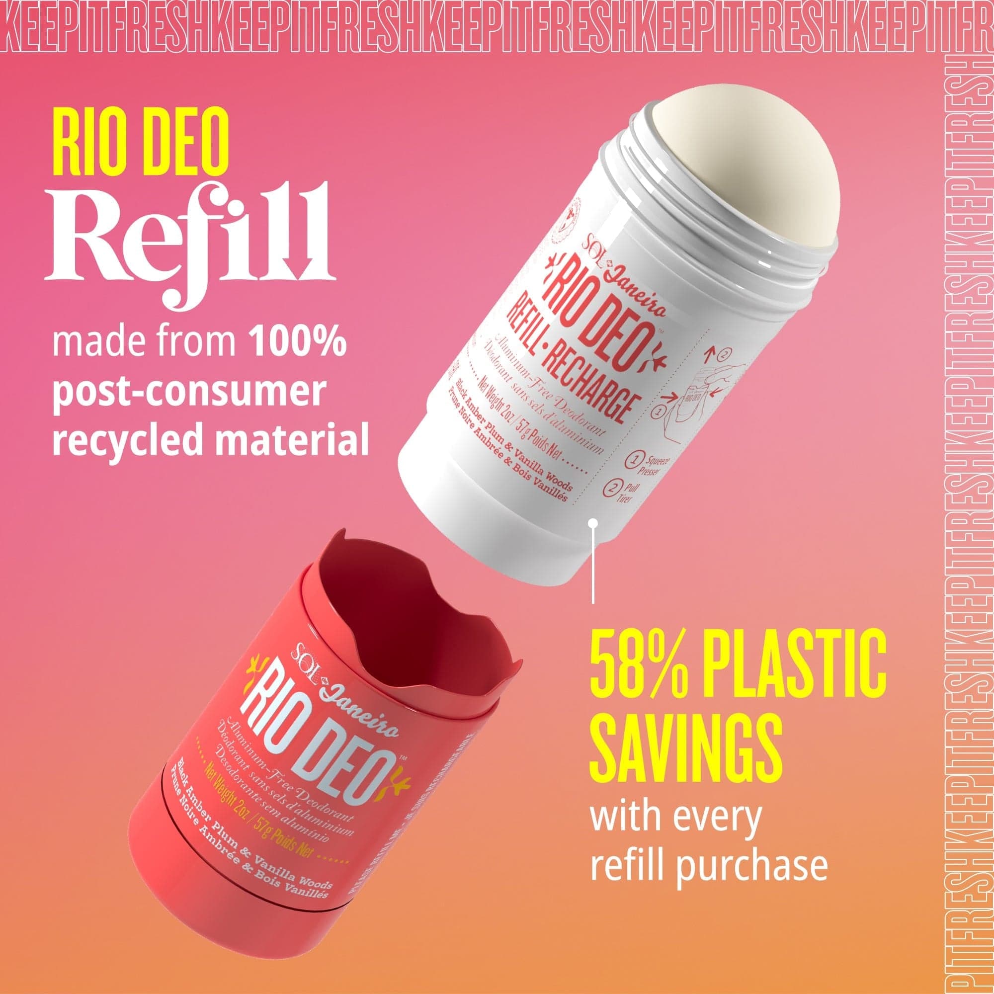 Rio deo refill made from 100% post-consumer recycled material. 58% plastic savings with every refill purchase