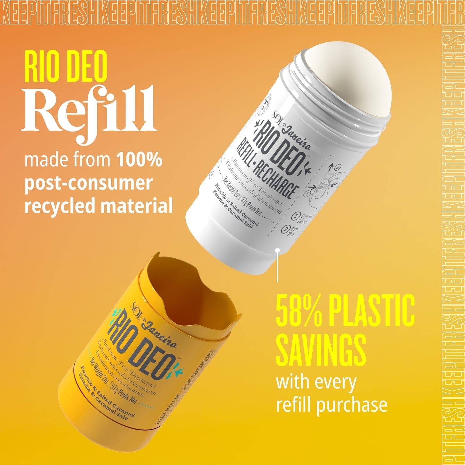 Rio deo refill made from 100% post-consumer recycled material. 58% plastic savings with every refill purchase