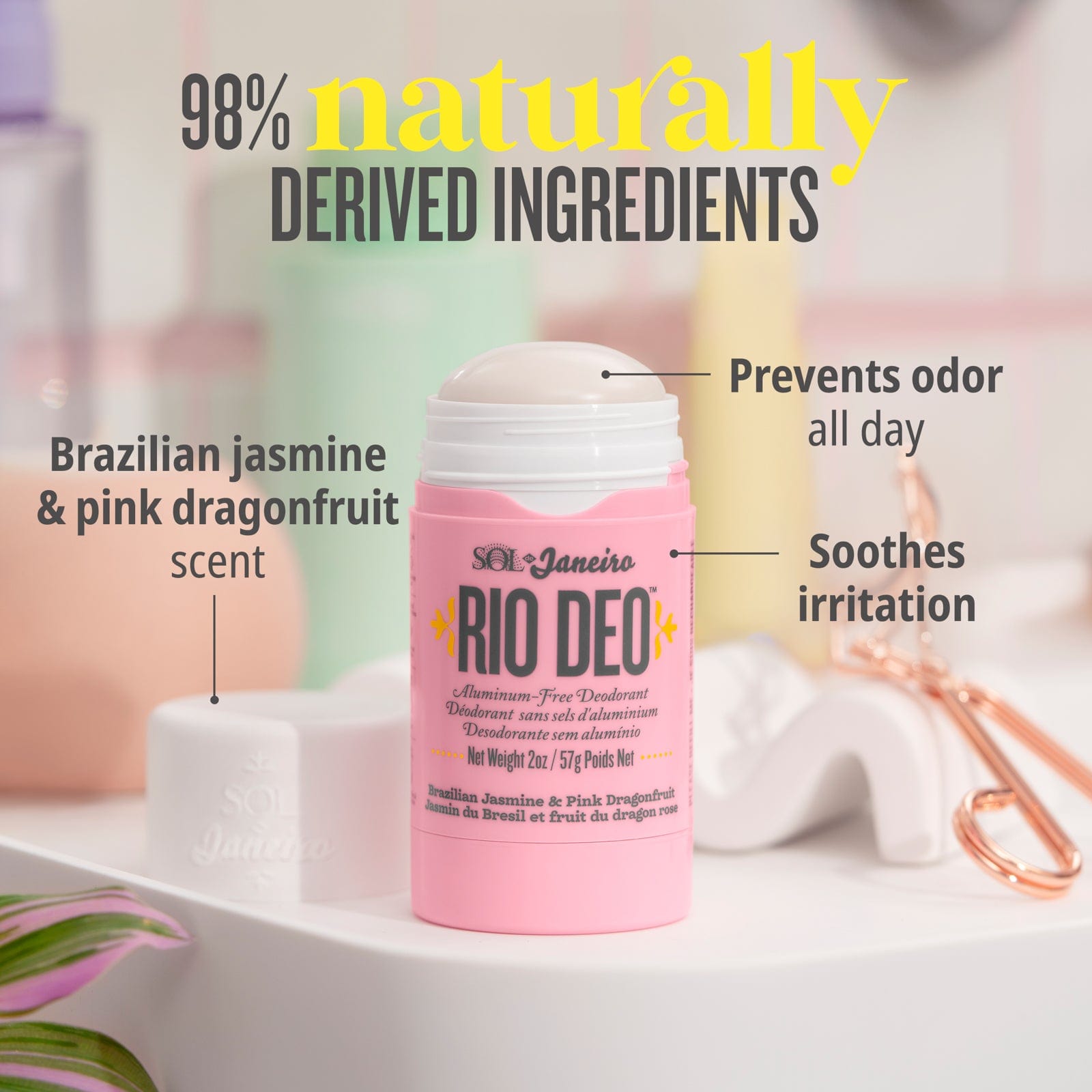 98% naturally derived ingredients | Brazilian jasmine &amp; pink dragon fruit scent | prevents odor all day | soothes irritation 