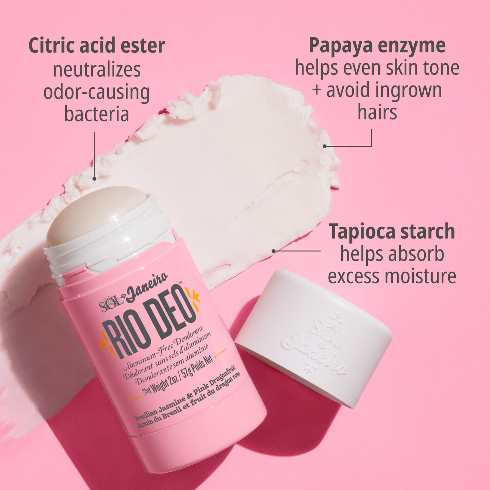 citric acid ester - neutralizes odor-causing bacteria | Papaya enzyme - helps even skin tone and avoid ingrown hairs | tapioca starch - helps absorb excess moisture
