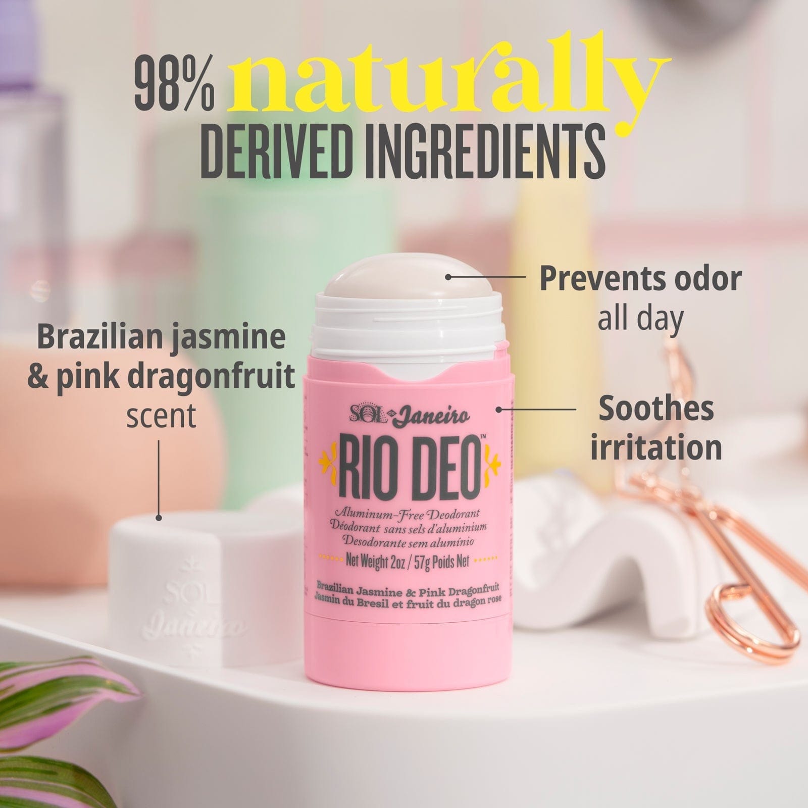 98% naturally derived ingredients. Brazilian jasmine &amp; pink dragonfruit scent, prevents odor all day and soothes irritation