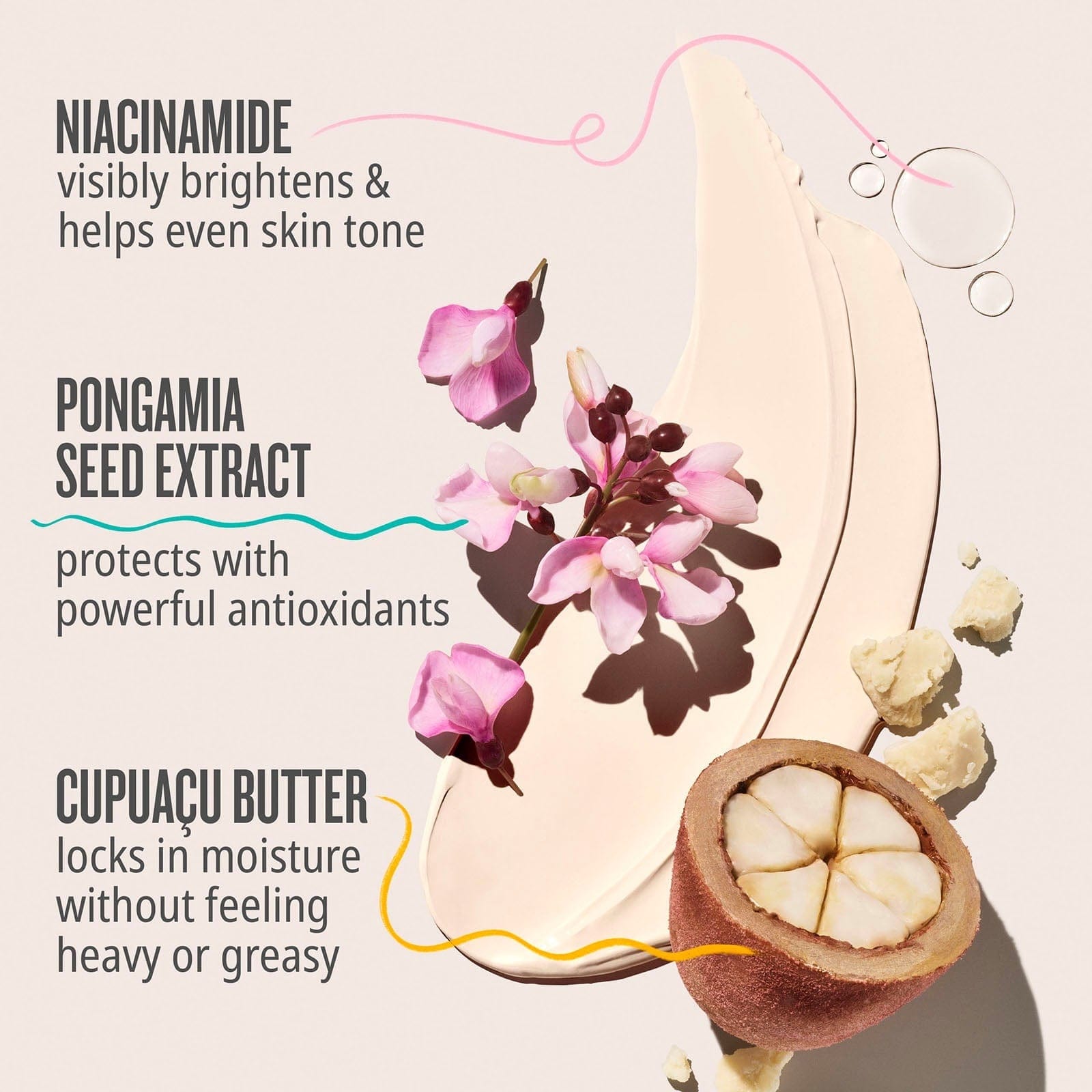 Niacinamide - visibly brightens & helps even skin tone. Pongamia seed extract - protects with powerful antioxidants, cupuacu butter - locks in moisture without feeling heavy or greasy