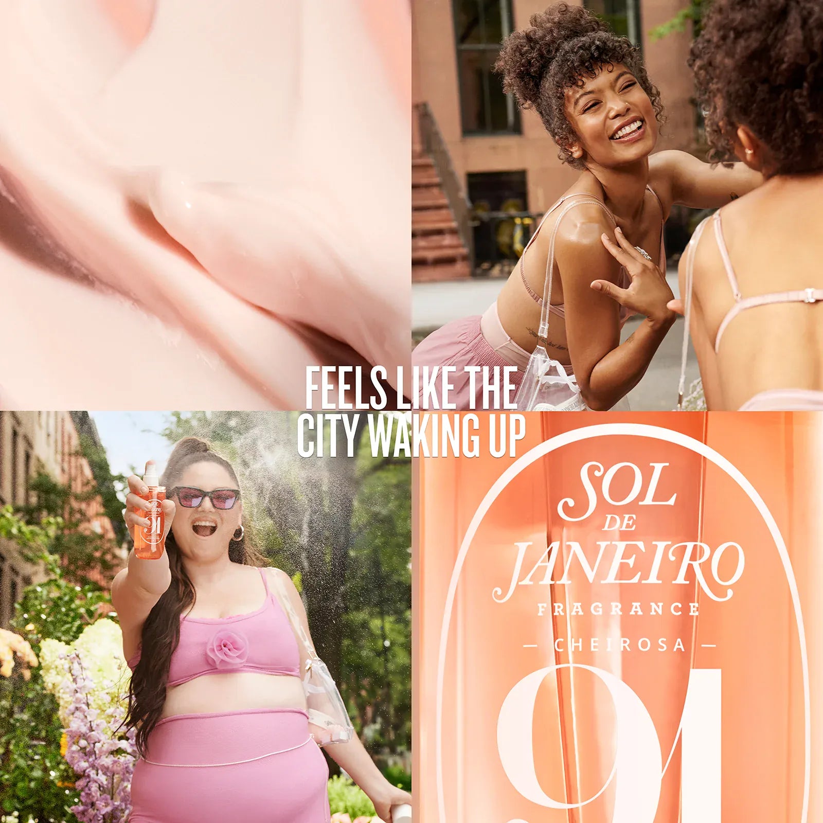 Collage of a woman in a pink dress, a bottle of Sol de Janeiro perfume, and text about a fragrance campaign.