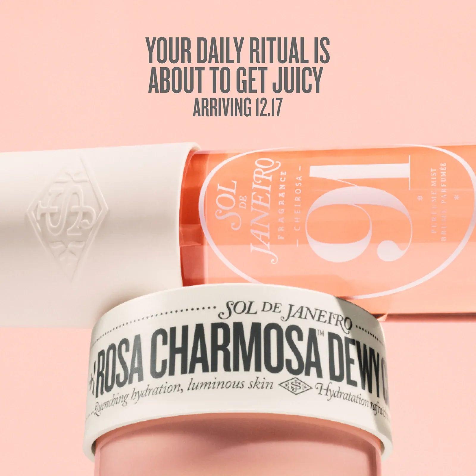 Cosmetic product with 'Rosa Charmosa Dewy' label on a pink background, featuring Sol de Janeiro branding.