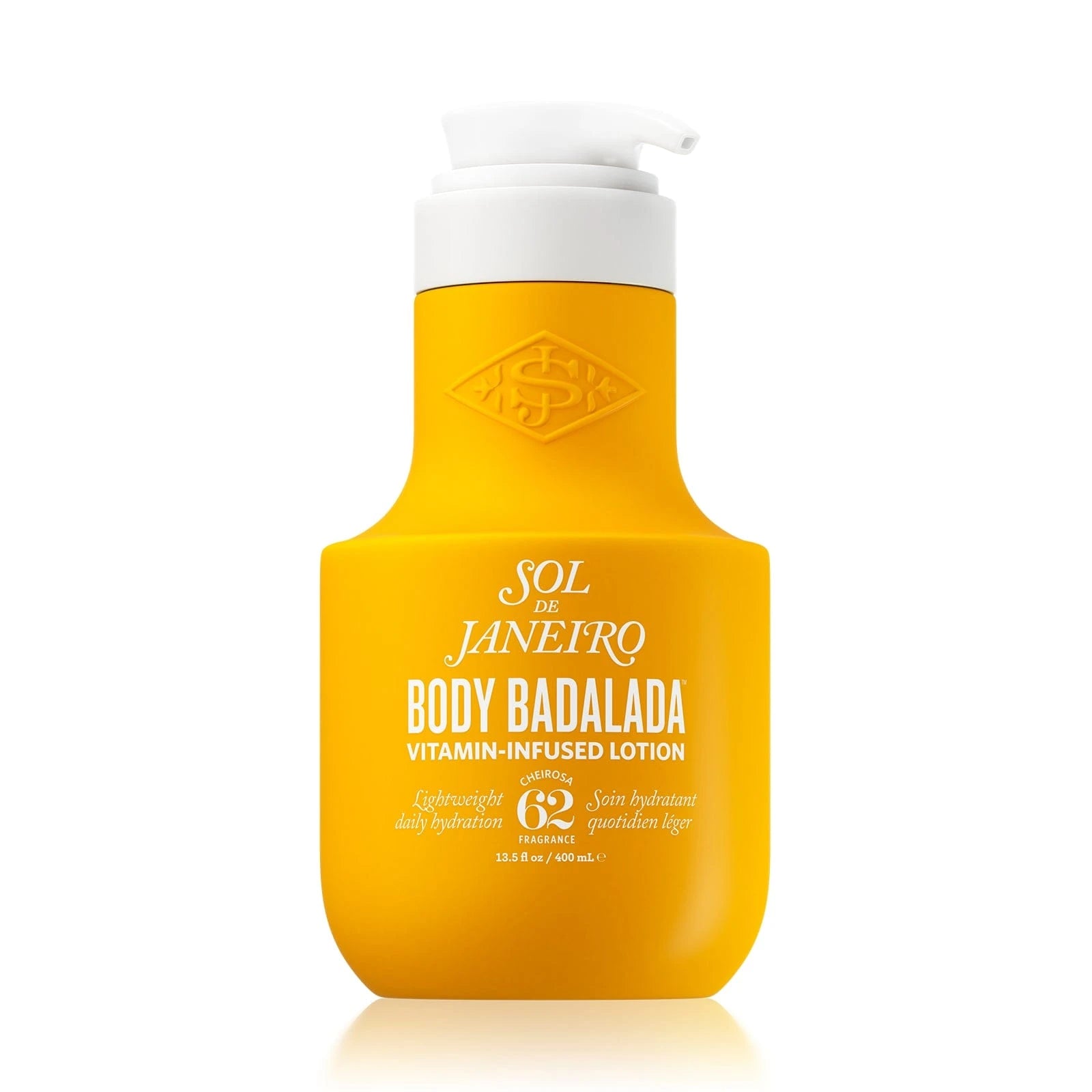 Sol de Janeiro Body Badalada Vitamin-Infused Lotion, cheirosa 62 scent. This is an image of our render asset in Sol de Janeiro yellow, 400ml Size