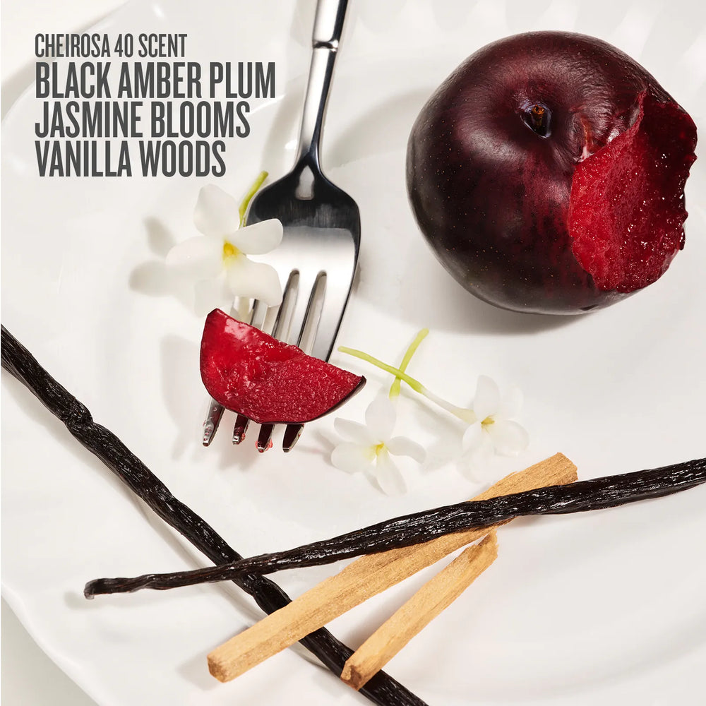 A perfume scent note graphic labeled 'CHEIROSA 40 SCENT BLACK AMBER PLUM JASMINE BLOOMS VANILLA WOODS' with a dark red plum half on a fork, a sliced red fruit piece on a fork, vanilla beans, and small wooden sticks on a white plate.