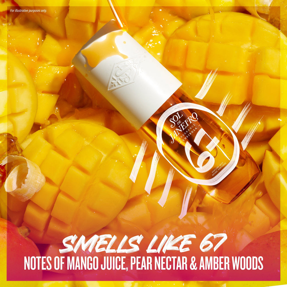 text on image reads smells like 67 notes of mango juice, pear nectar, and amber woods