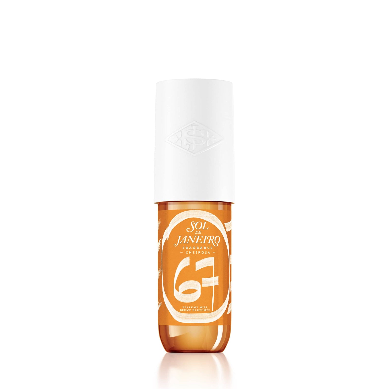 Orange bottle with white cap on a white background. Cheirosa 67 perfume mist 90ml render