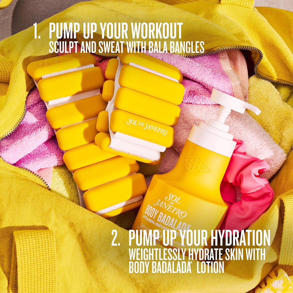 Yellow workout gloves and lotion bottle with promotional text on a yellow background