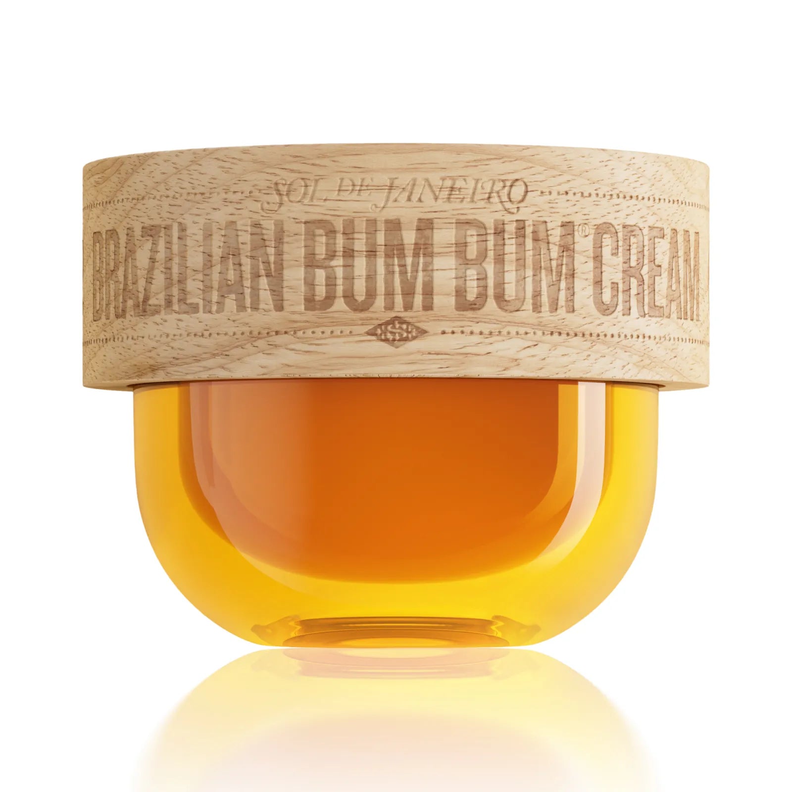 A jar of Brazilian Bum Bum Cream by Sol de Janeiro, featuring a translucent amber-colored body and a light wood-grain textured lid band with the product name printed in brown.