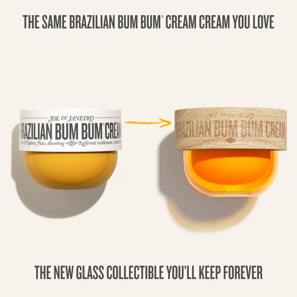 Two jars of Brazilian Bum Bum Cream by Sol de Janeiro are shown on a light beige background, one in its original white paper band packaging and the other as a transparent glass jar with a natural wood lid, both filled with a yellow-orange cream. Text at the top and bottom describes the product.