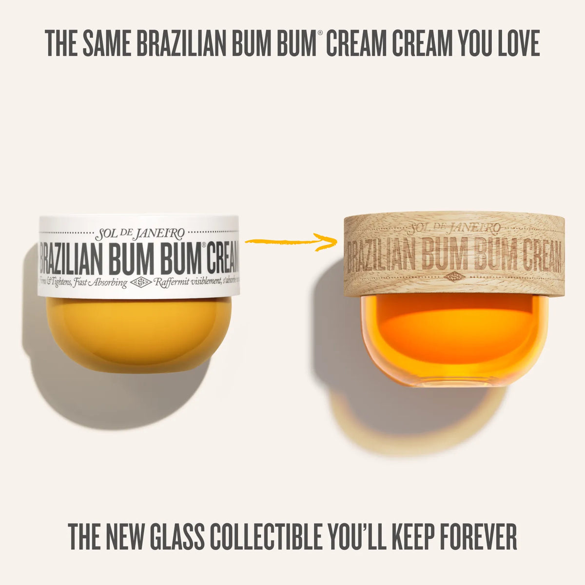 Two jars of Brazilian Bum Bum Cream by Sol de Janeiro are shown on a light beige background, one in its original white paper band packaging and the other as a transparent glass jar with a natural wood lid, both filled with a yellow-orange cream. Text at the top and bottom describes the product.