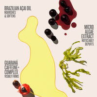brazilian acai oil nourishes and softens, micro algae extract noticeably depuffs, guarana caffeine + complex visibly firms