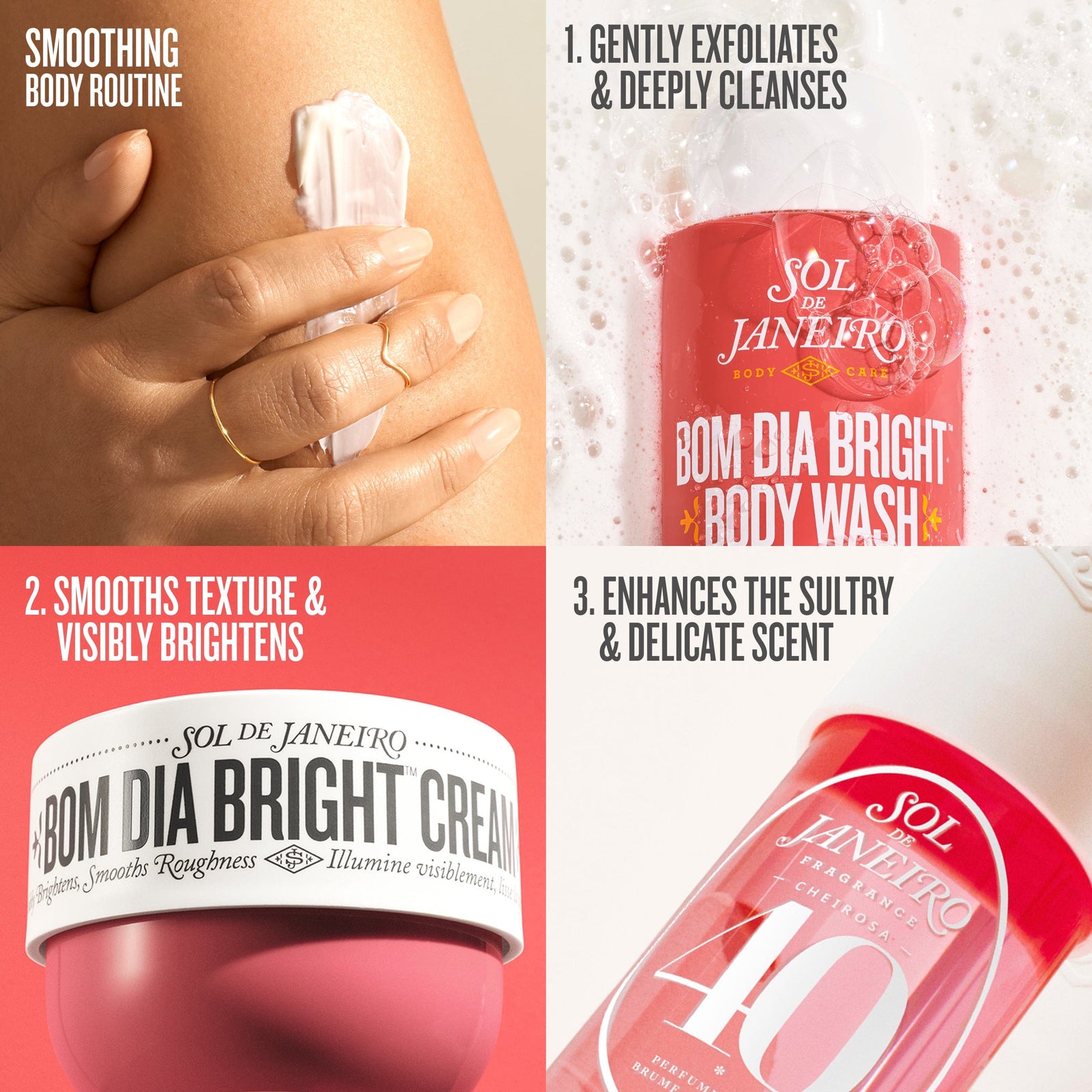 Promotional graphic for Sol de Janeiro Bom Dia Bright body wash and cream with text on a pink background.