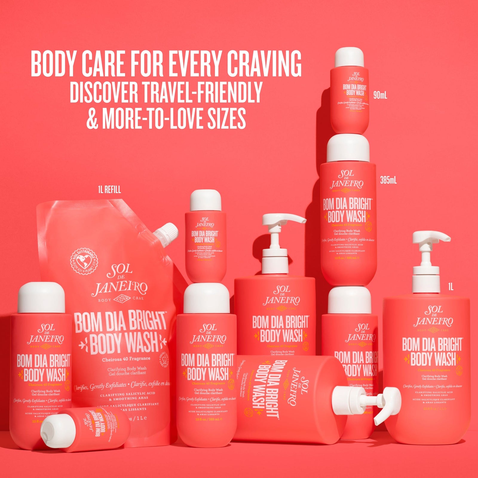 Collection of Sol de Janeiro Bom Dia Bright Body Wash bottles and packaging on a red background