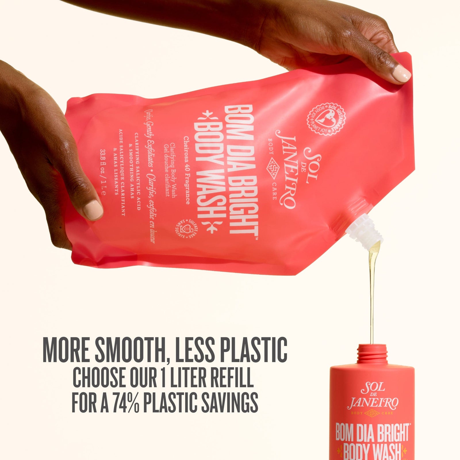 Red body wash refill packaging with a hand pouring liquid into a bottle, featuring Sol de Janeiro branding.