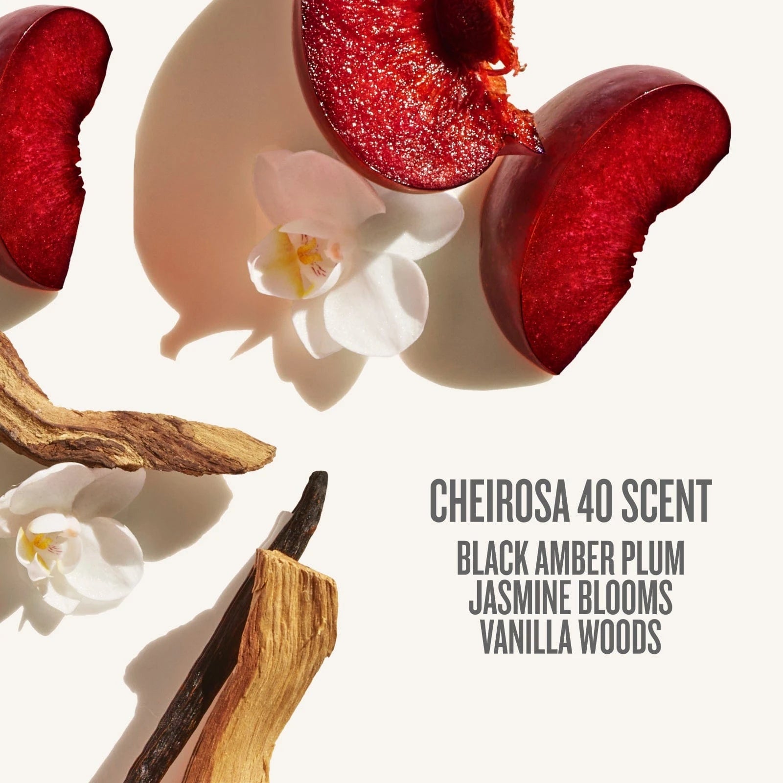 cheirosa 40 scent black amber plum, jasmine blooms, vanilla woods