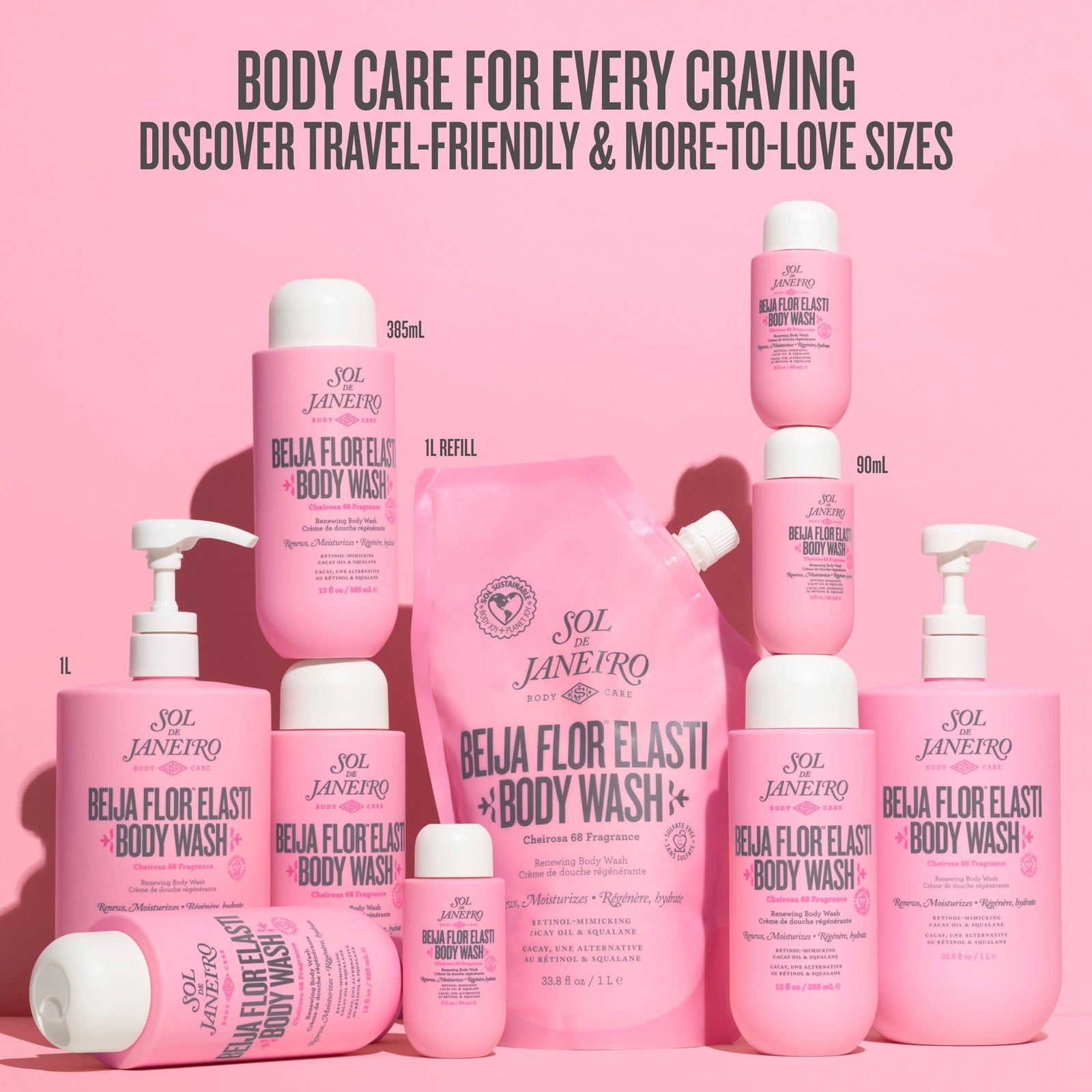 Collection of Sol de Janeiro body wash bottles on a pink background with promotional text.