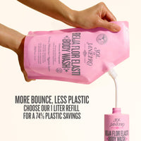 Pink body wash refill packaging with a hand pouring product. 

More bounce, less plastic choose our 1 liter refill for 74% plastic savings