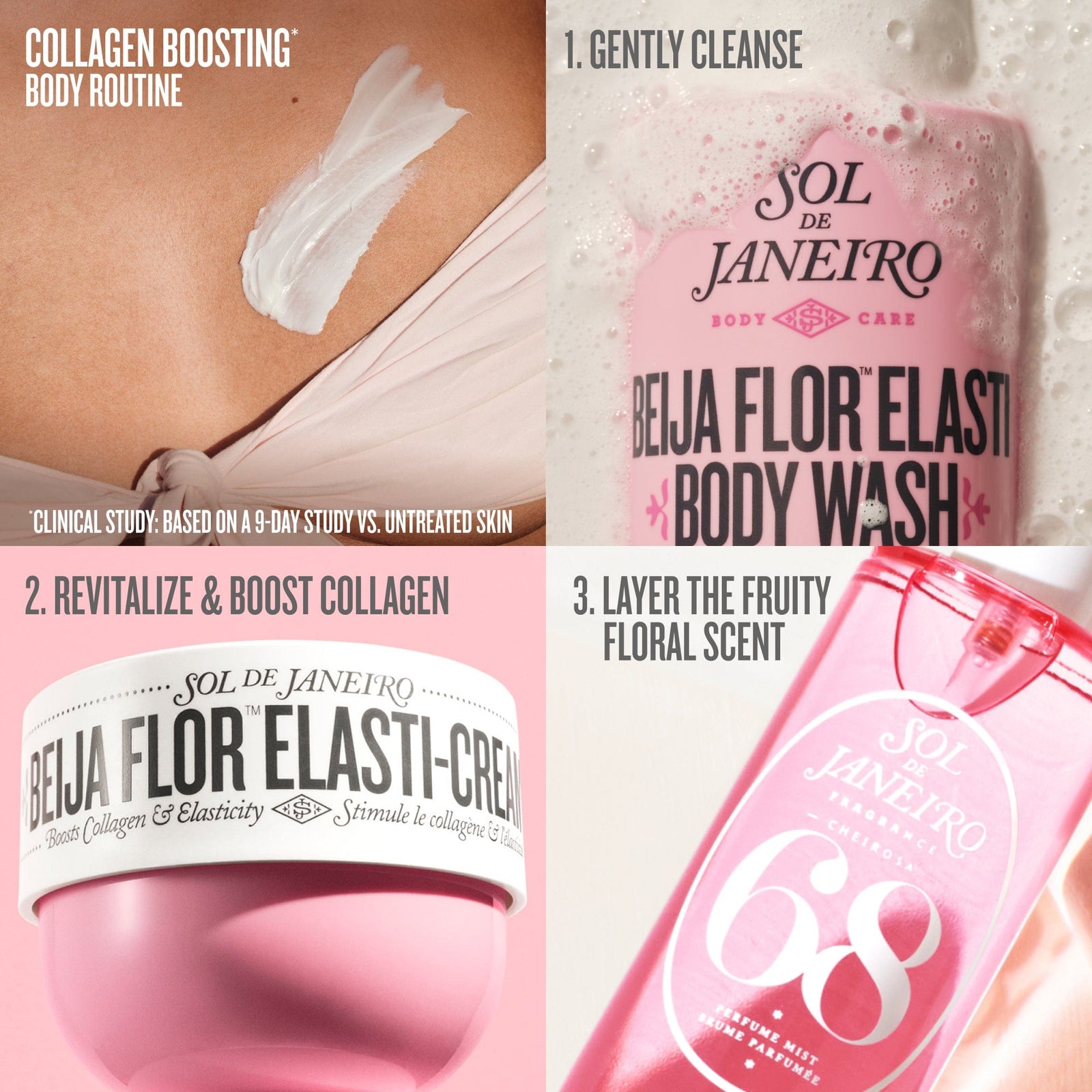collagen boosting* body routine *clinical study: based on a 9-day study vs. untreated skin 1. gently cleanse 2. revitalize & boost collagen 3. layer the fruity floral scent