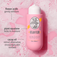 Flower acids gently exfoliate, plant squalane locks in moisture, cacay oil retinol alternative, encourages skin renewal 