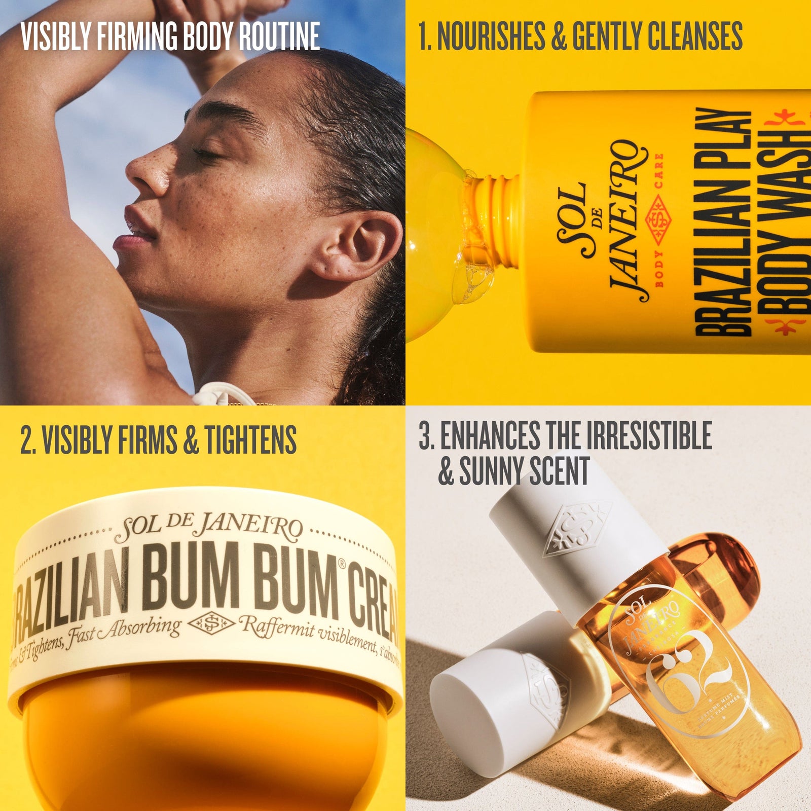 visibly firming body routine 1. nourishes and gently cleanses 2. visibly firms and tightens 3. enhances the irresistible and sunny scent