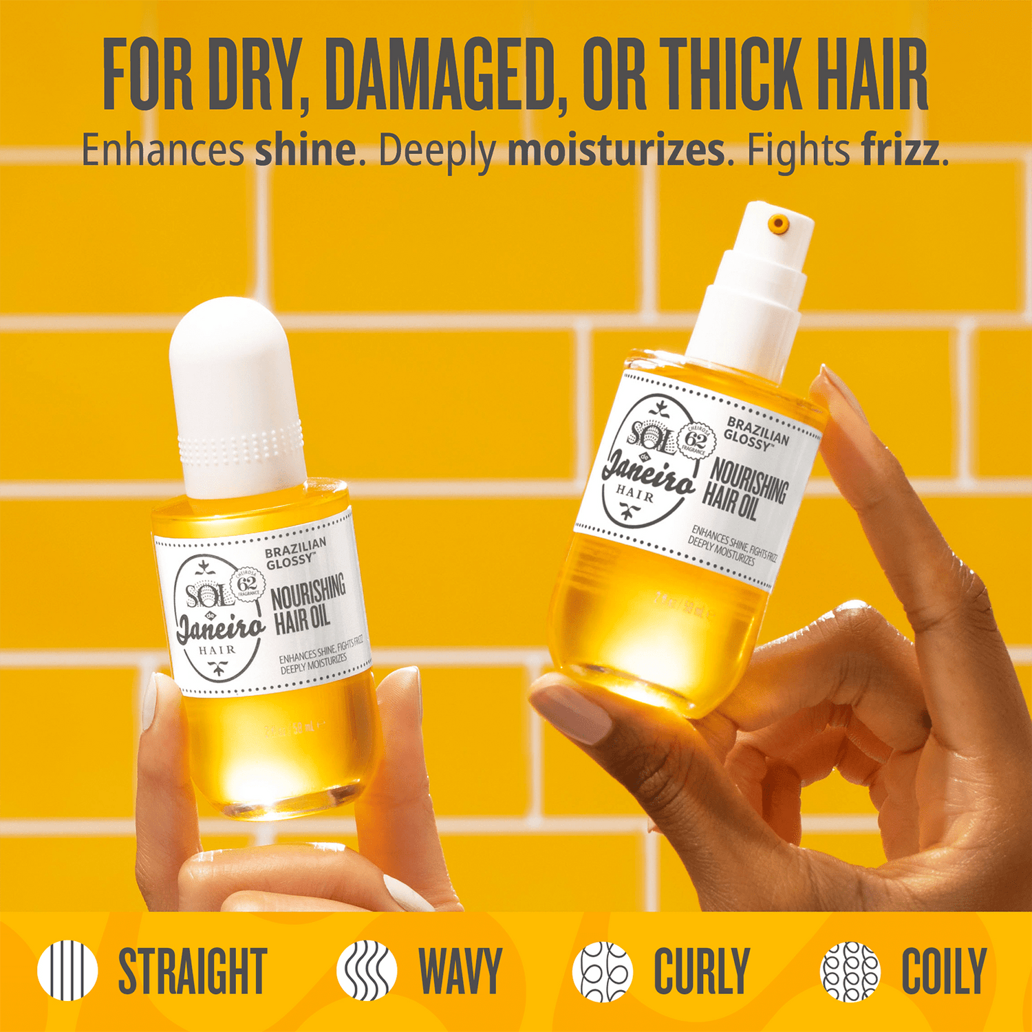 For dry, damaged or thick hair - enhances shine. Deeply moisturizes. fights frizz