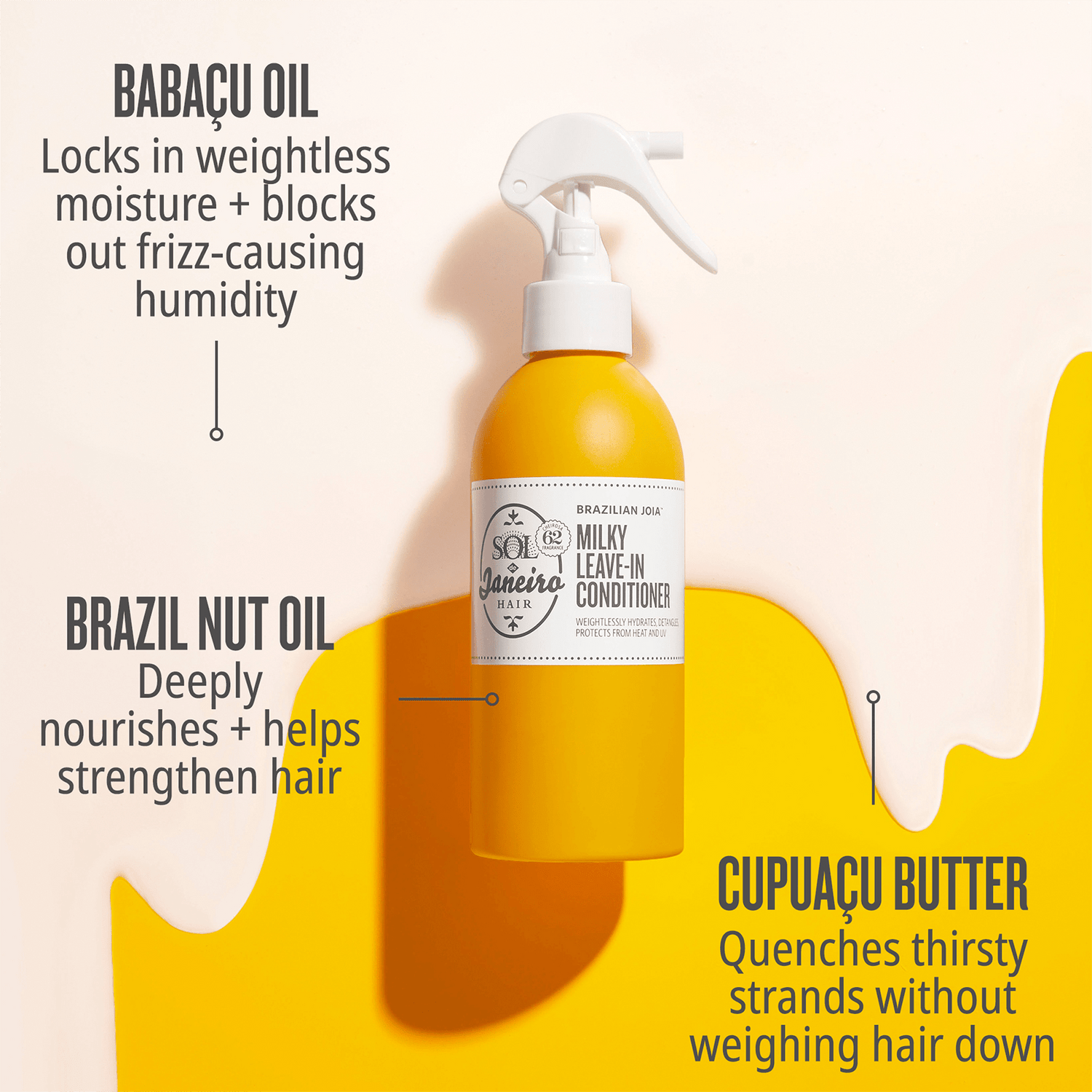 Babacu oil locks in weightless moisture + blocks out frizz-causing humidity. Brazil nut oil - deeply nourishes + helps strengthen hair. Cupuacu butter - quenches thirsty strands without weighing hair down 