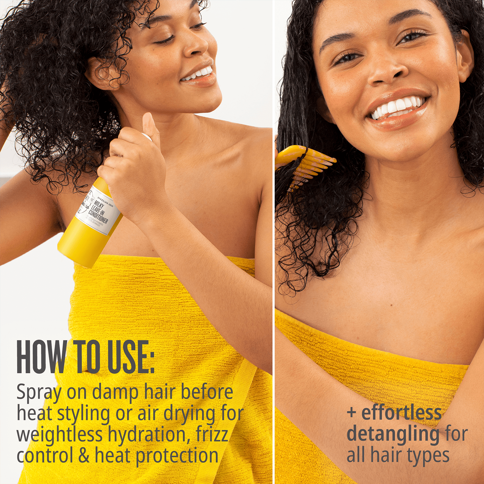 How to use: spray on damp hair before heat styling or air drying for weightless hydration, frizz control and heat protection + effortless detangling for all hair types