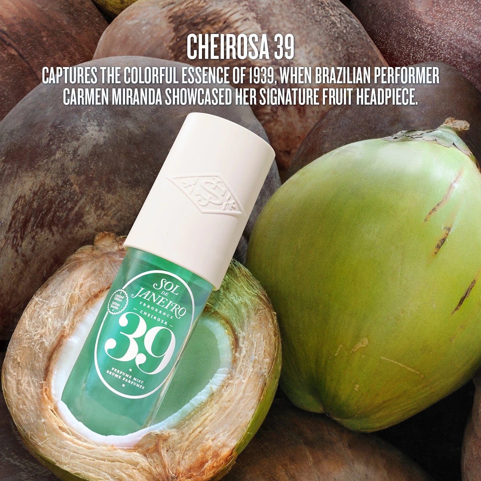 text on image reads "cheirosa 39 captures the colorful essence of 1939, when a brazilian performer carmen miranda showcased her signature fruit headpiece." this image is of sol de janeiro cheirosa 39 perfume mist inside of a coconut, showcasing the main fragrance note