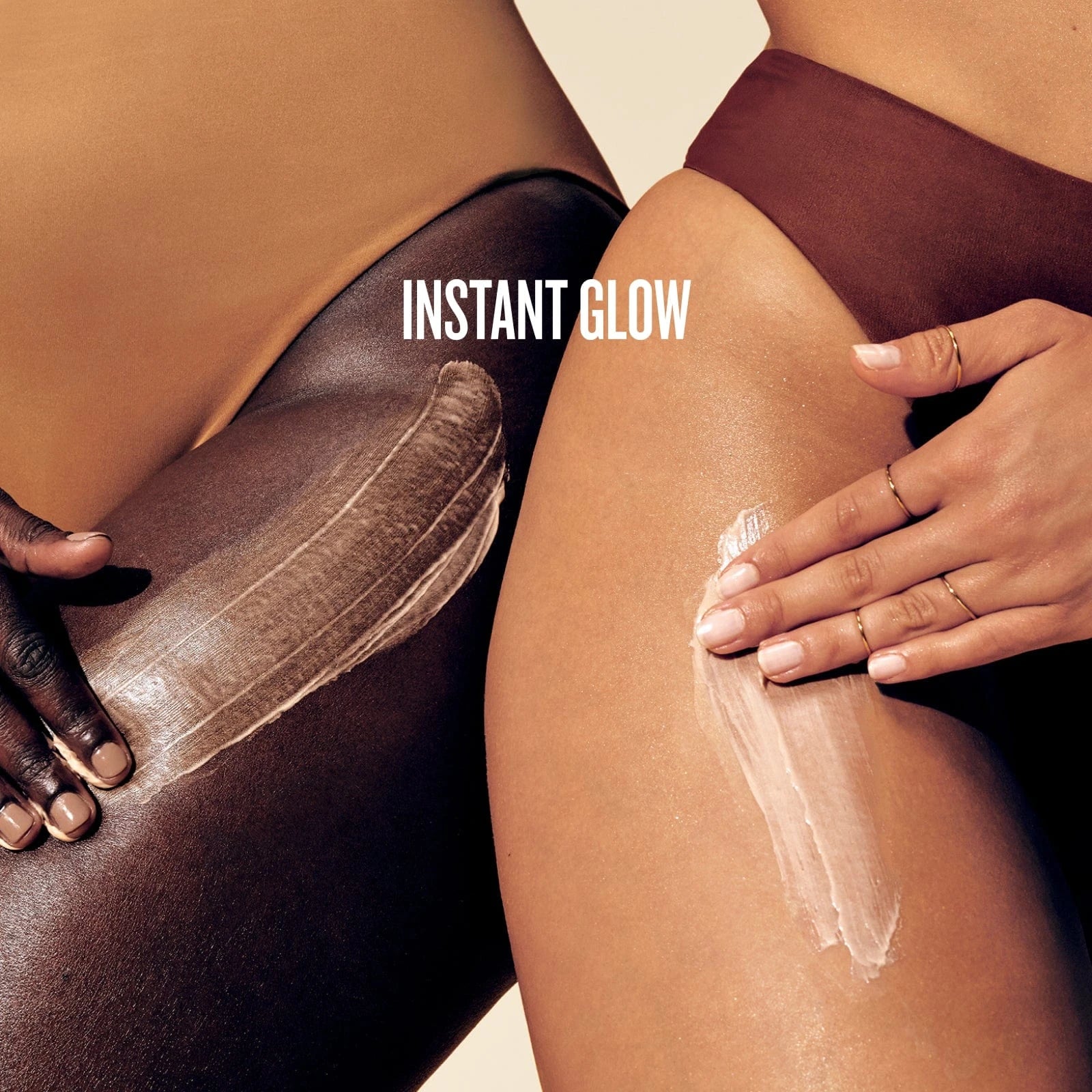 text on image reads instant glow, image is showing goop shot of the cheirosa 71 cream on two models