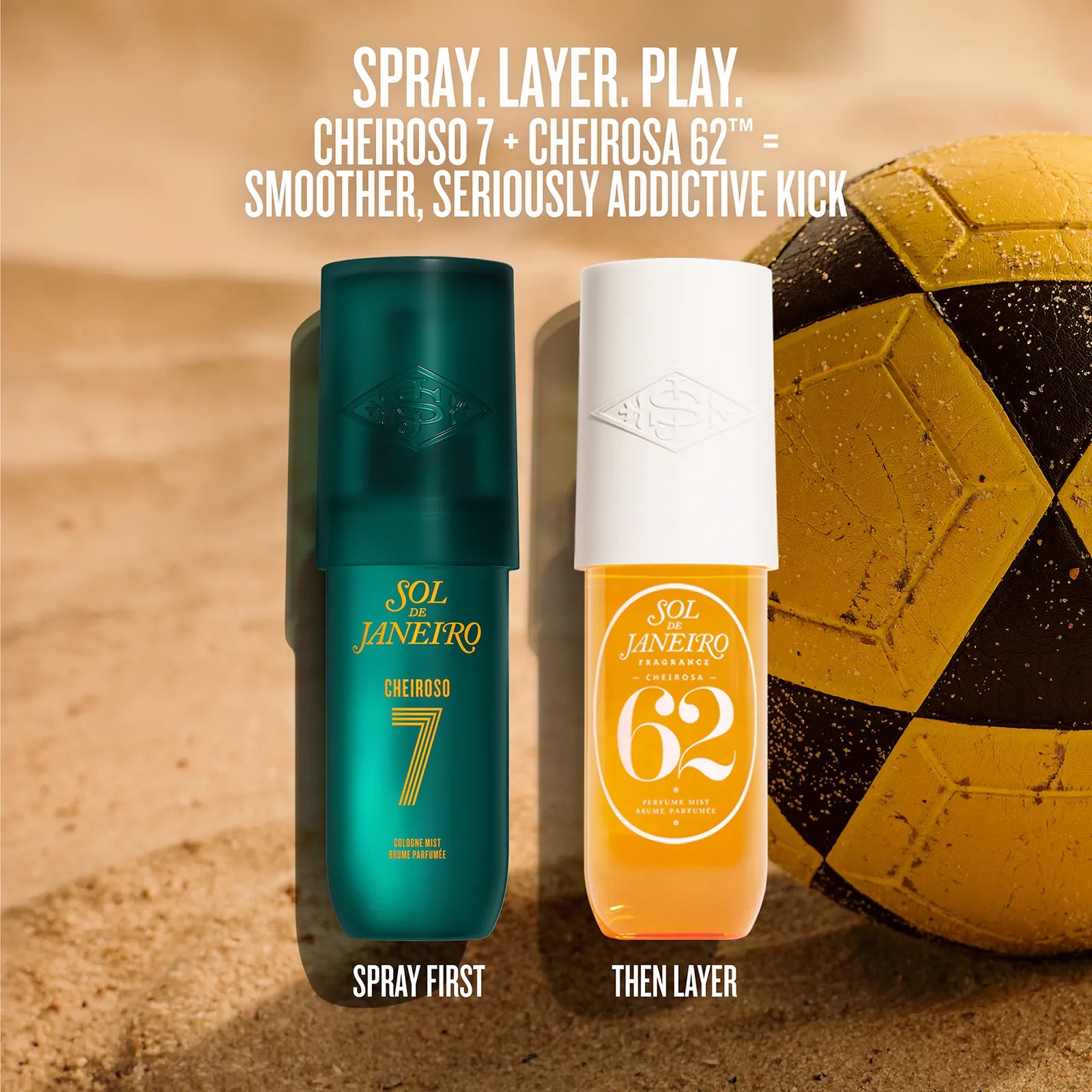 Two bottles of Sol Janeiro Cheiroso 7 and Cheiroso 62 perfume spray standing side by side on a sandy surface, with a yellow and black soccer ball in the background. White text at the top reads &
