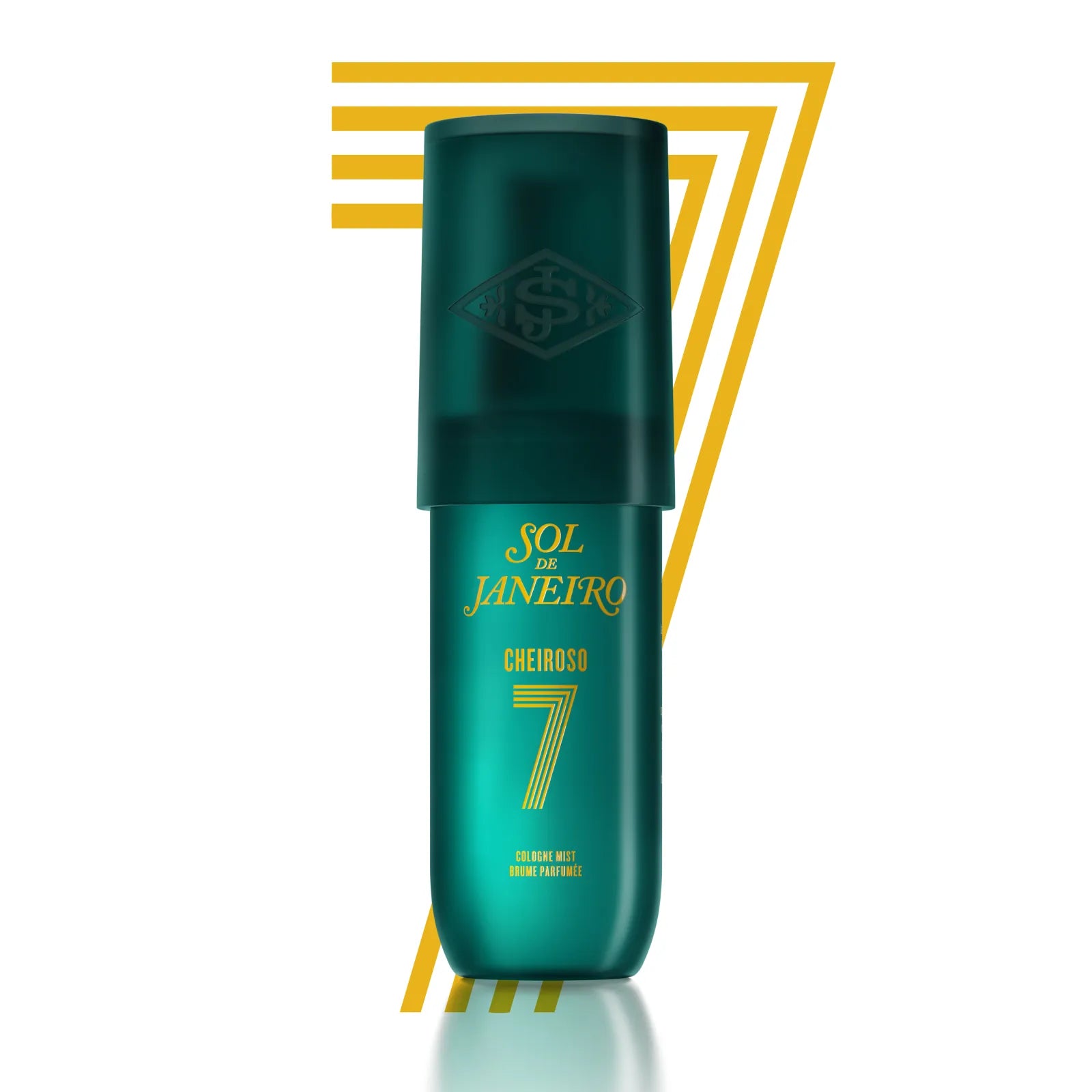 A dark teal green bottle of Sol de Janeiro Cheiroso 7 antiperspirant, featuring gold lettering and a matching gold geometric background design on a white studio background.