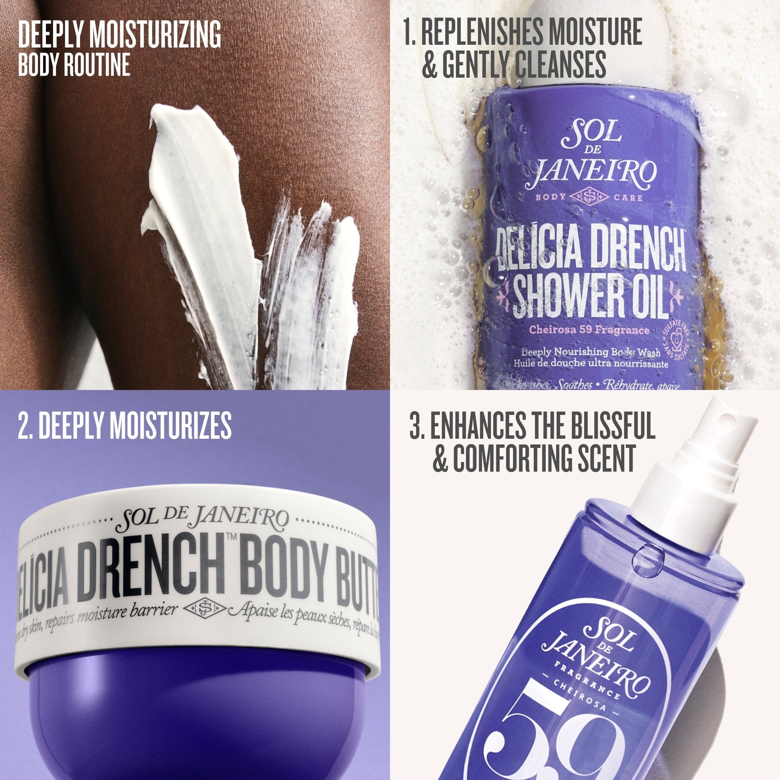 Promotional graphic for Sol de Janeiro skincare products with text on benefits.