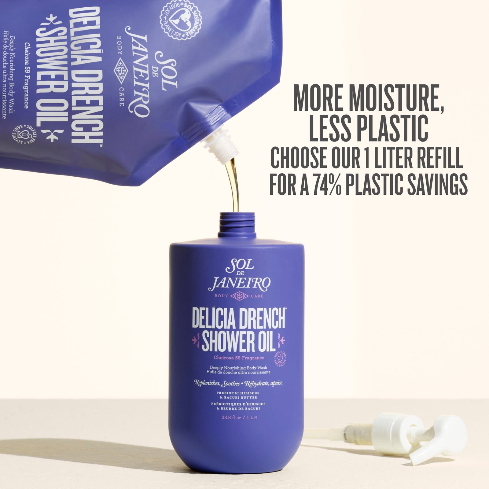 more moisture less plastic choose our 1 liter refill for a 74% plastic savings