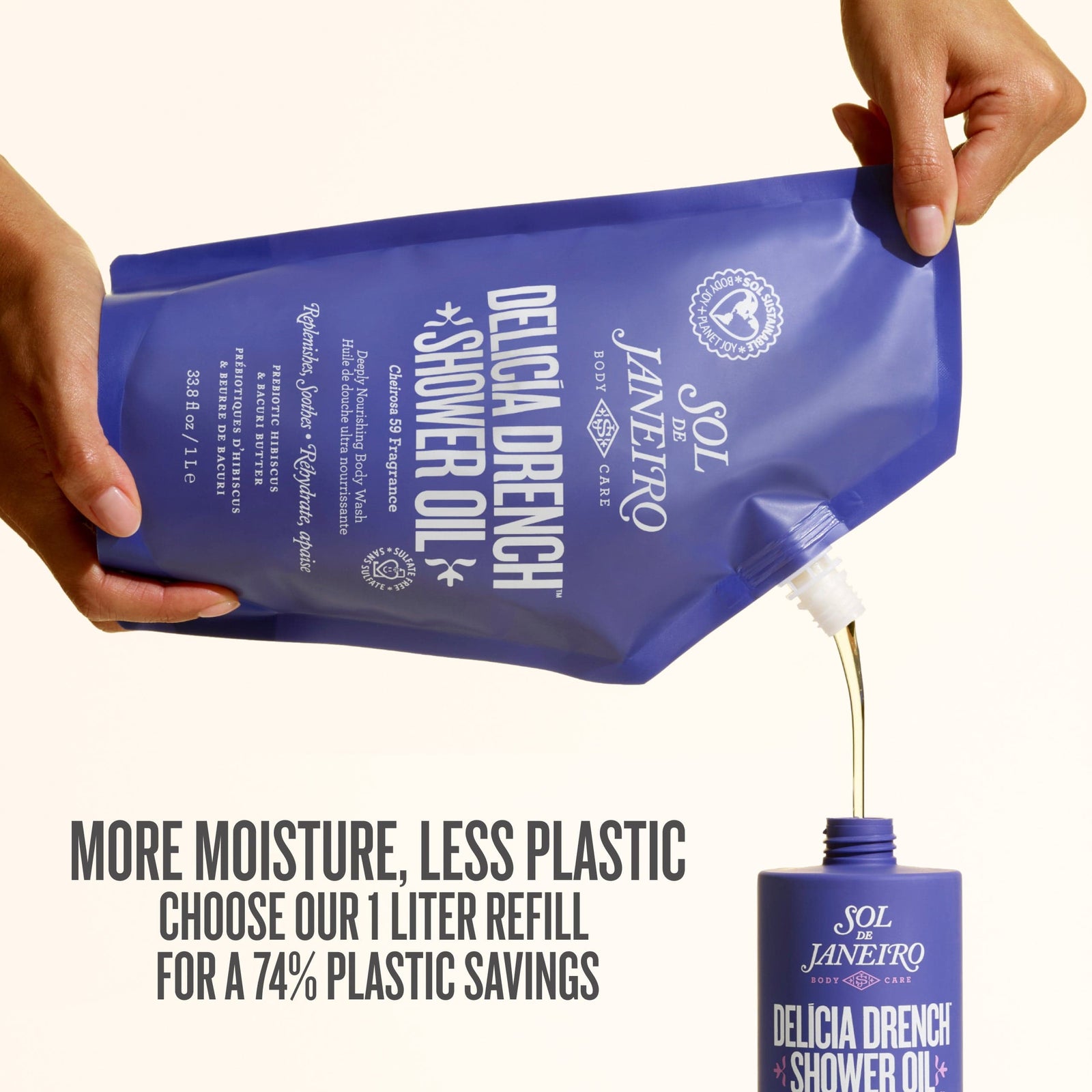 more moisture less plastic choose our 1 liter refill for a 74% plastic savings