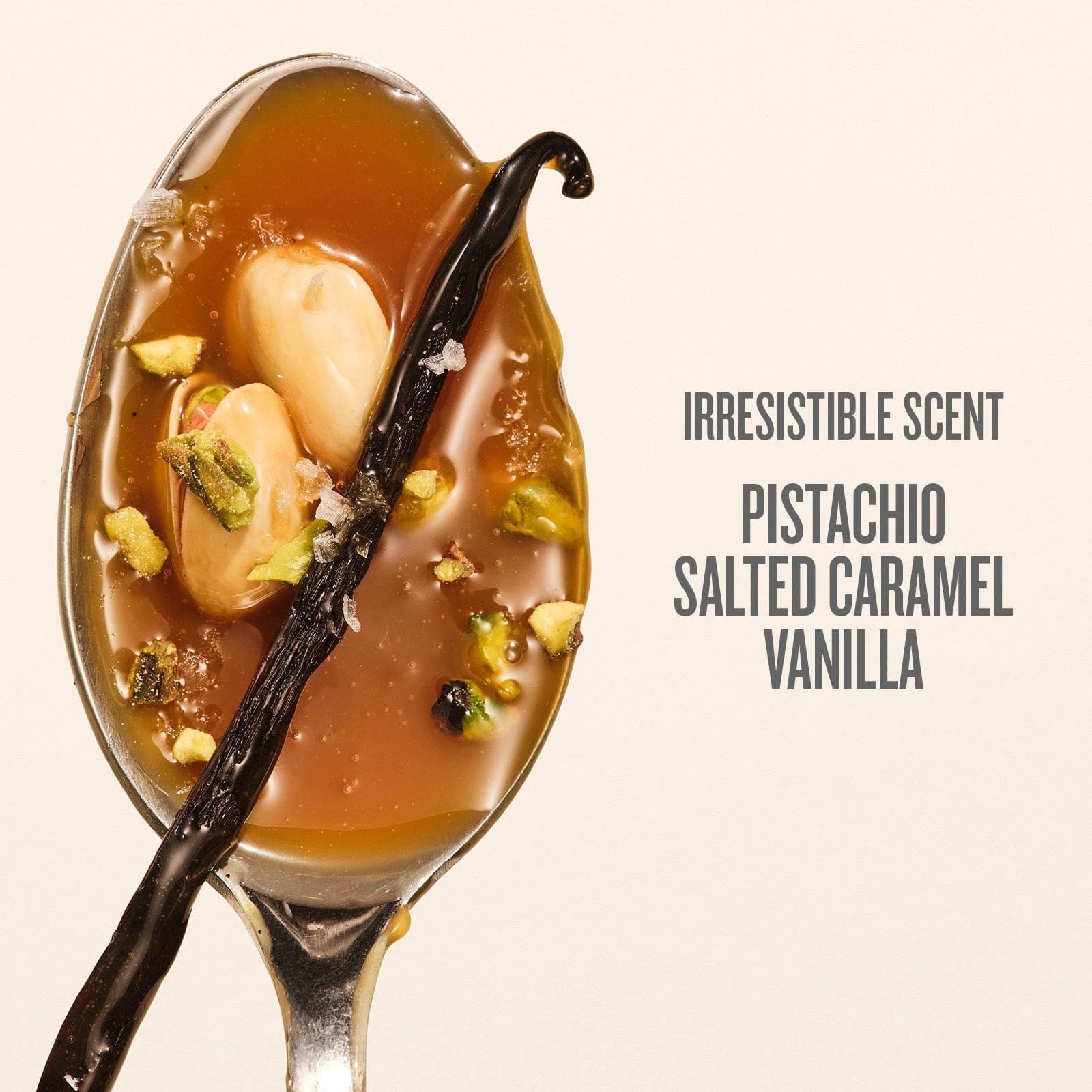 The text on image reads irresistible scent pistachio, salted caramel, vanilla. This is showing the different key ingredients within the sol de janeiro glowmotions body oil