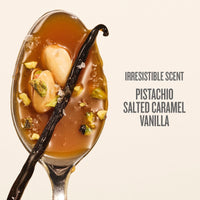 The text on image reads irresistible scent pistachio, salted caramel, vanilla. This is showing the different key ingredients within the sol de janeiro glowmotions body oil