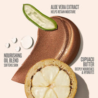 Text on image reads aloe vera extract helps retain moisture, nourishing oil blen softens skin, cupuacu butter deeply nourishes & hydrates. This image is showing a goop swatch of the sol de janeiro glowmotions copacabana bronze shade with key ingredients 