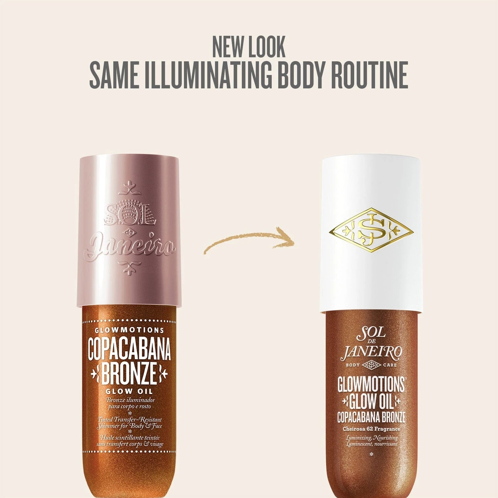 text on image is new look same illuminating body routine. This image is showing the difference with the new packaging for the sol de janeiro glowmotions glow oil 