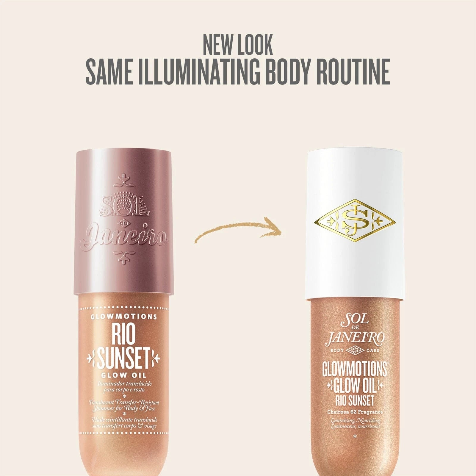 text on image is new look same illuminating body routine. This image is showing the difference with the new packaging for the sol de janeiro glowmotions glow oil 