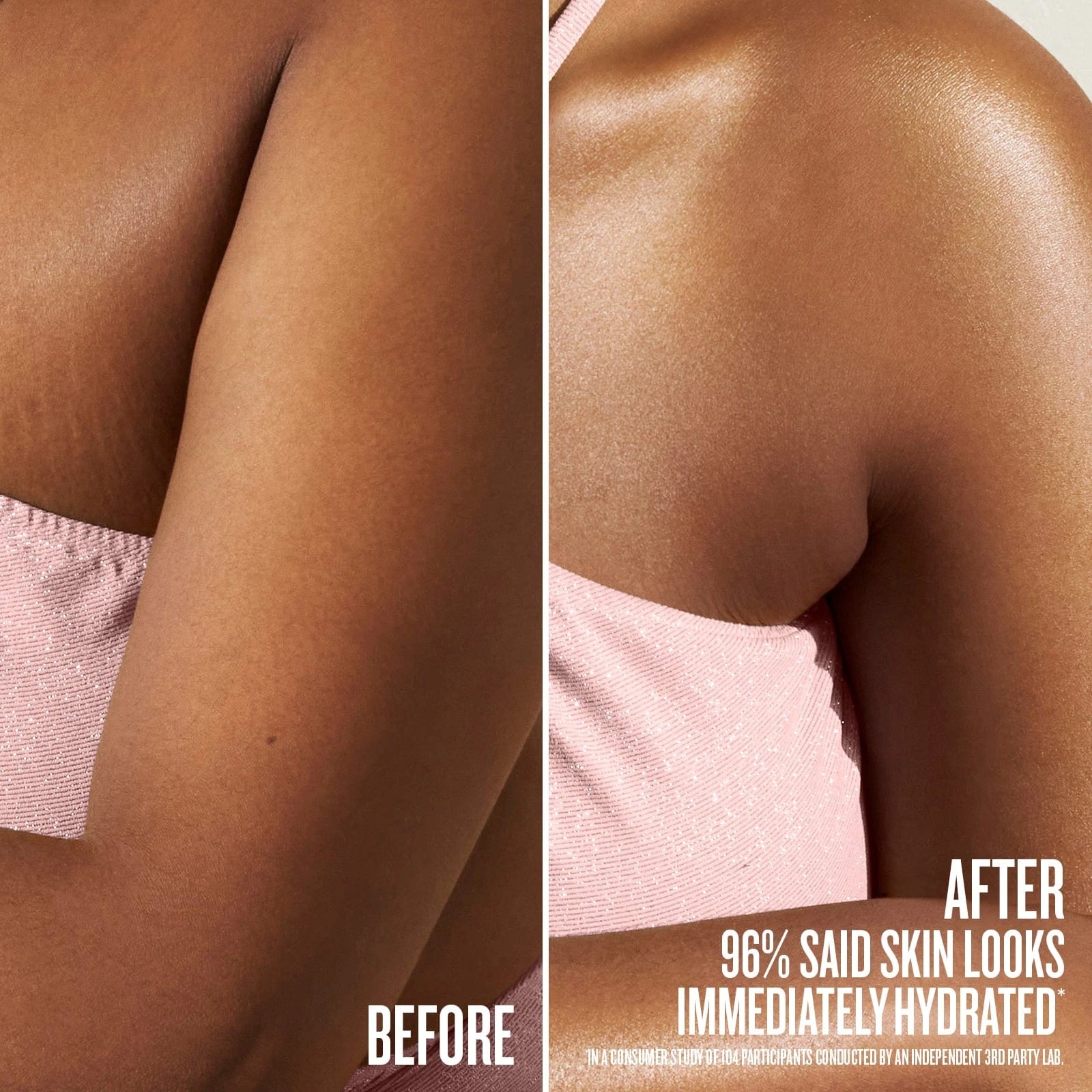 Sol de Janeiro SPF 50 Body Spray Before and After application image. 97% said skin looks immediately hydrated*. *In a Consumer study of 104 participants conducted by an independent 3rd party lab.