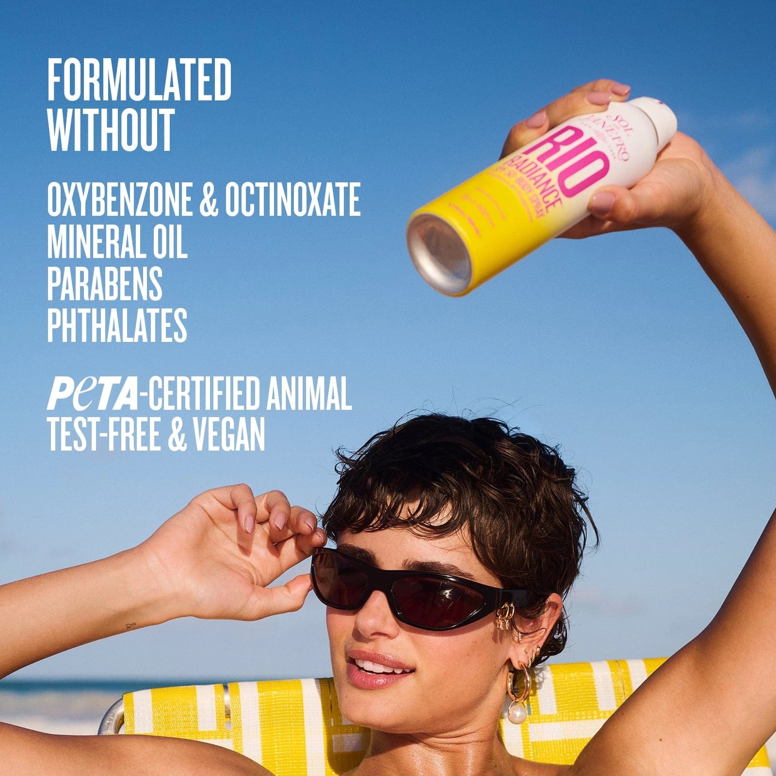 Sol de Janeiro SPF 50 Body Spray is Formulated without Oxybenzone & octinoxate, mineral oil, parabens, phthalates. 
Peta certified animal test-free & vegan